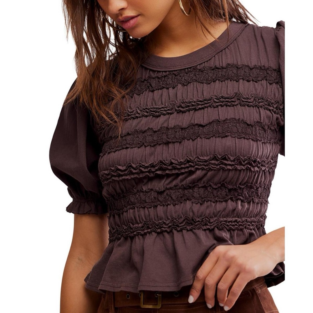 Free People Brown Smocked Puff Sleeve Peplum Top